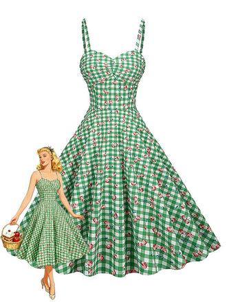 Robe Vichy Cerise Coton Bretelles Fines Verte Années 1950 4