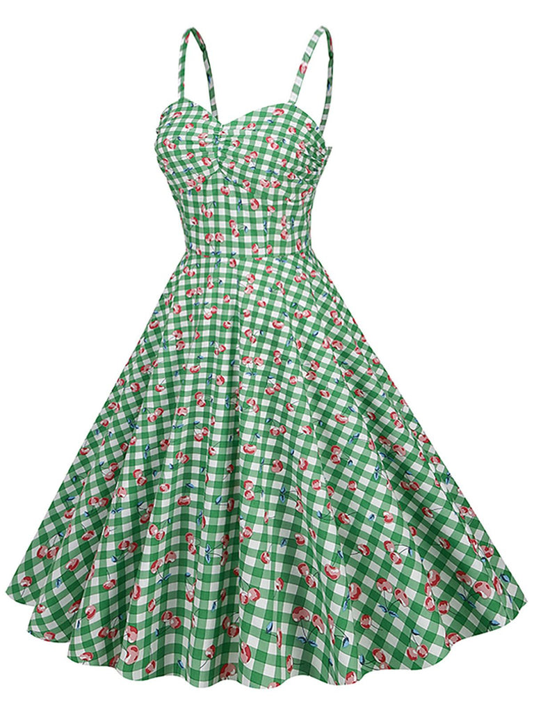 Robe Vichy Cerise Coton Bretelles Fines Verte Années 1950 5