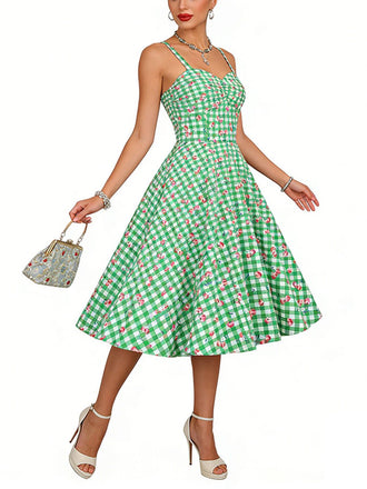 Robe Vichy Cerise Coton Bretelles Fines Verte Années 1950 3