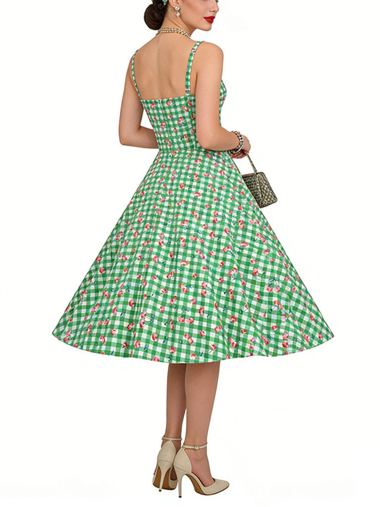Robe Vichy Cerise Coton Bretelles Fines Verte Années 1950 7
