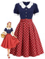 Robe bleu marine pois col pétale années 50
