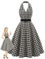Robe évasée noire carreaux encolure dos nu ceinture et poches années 50