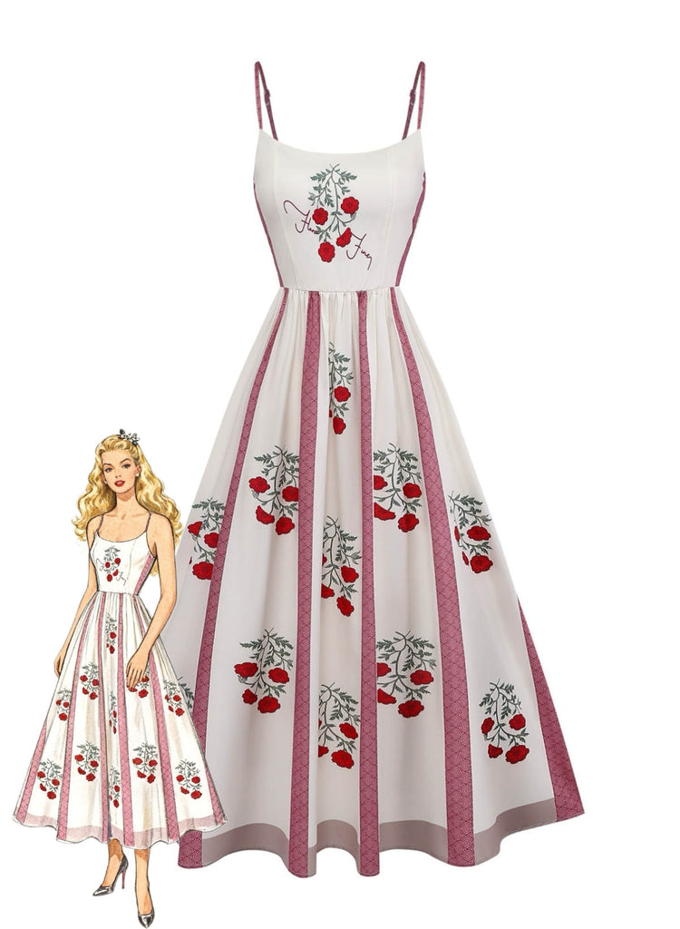 Robe Évasée Rose Bretelles Fines Beige Années 1950