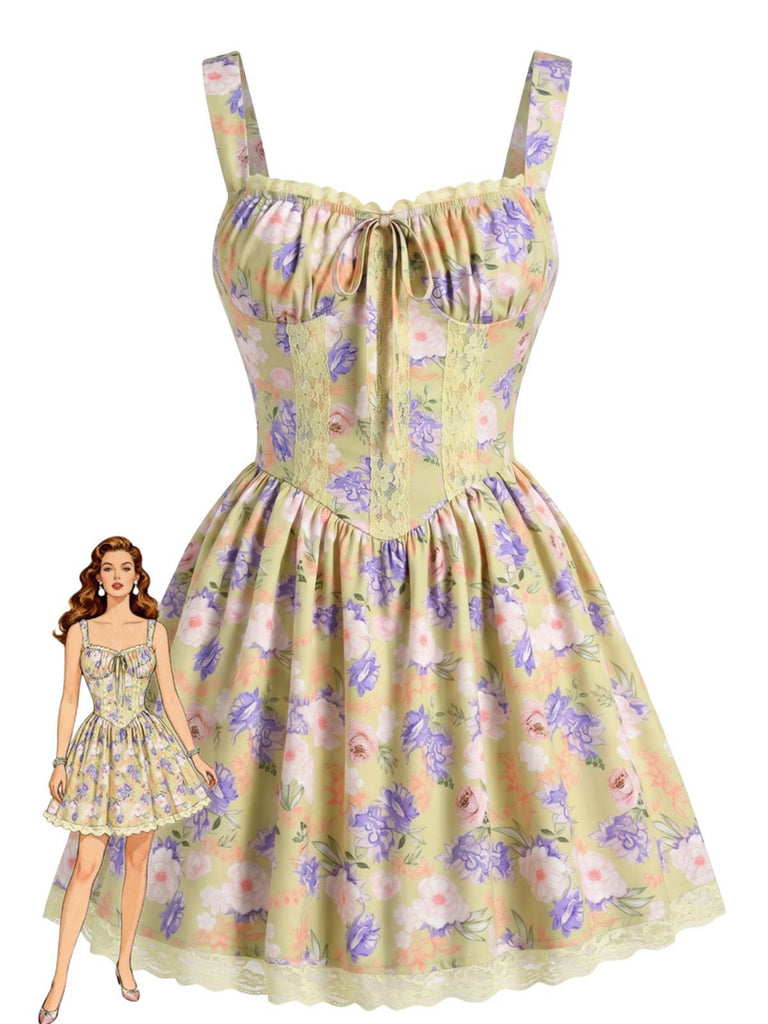 Mini-robe jaune patchwork floral et dentelle années 1950