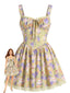Mini-robe jaune patchwork floral et dentelle années 1950