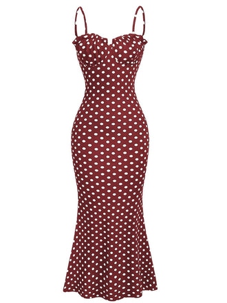 Robe rouge pois fines bretelles et coupe sirène années 1930