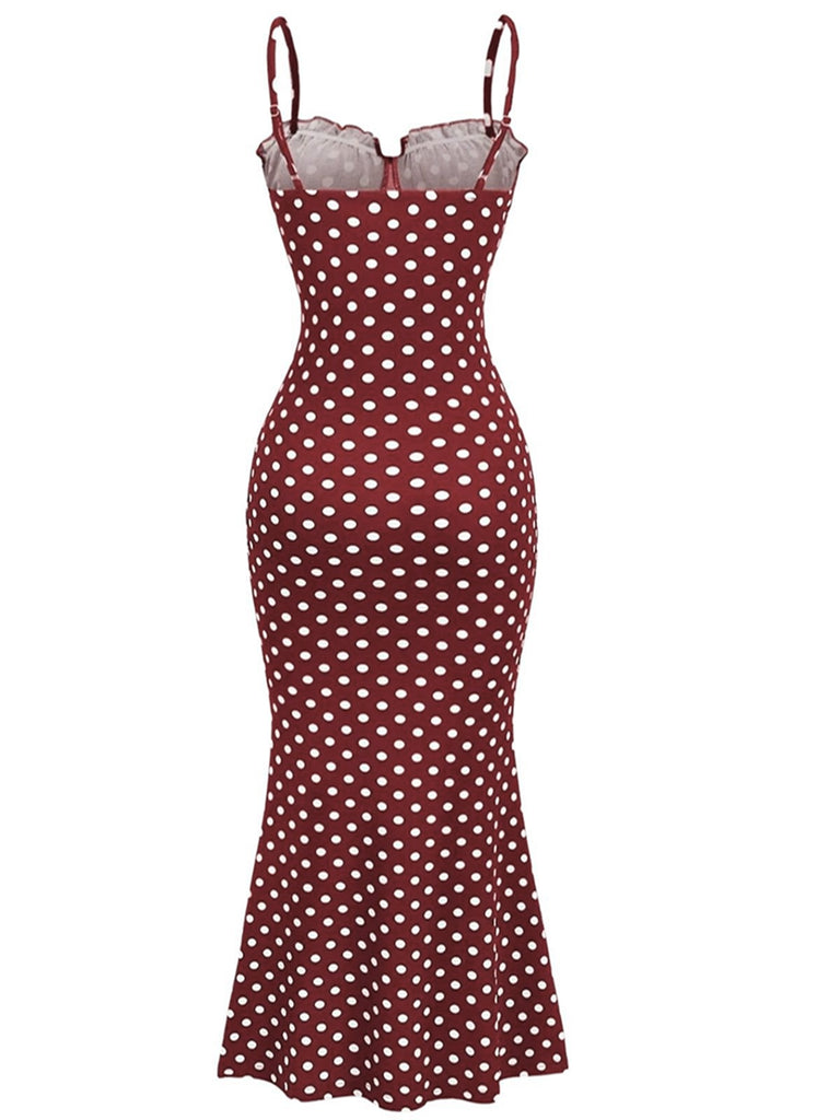 Robe rouge pois fines bretelles et coupe sirène années 1930