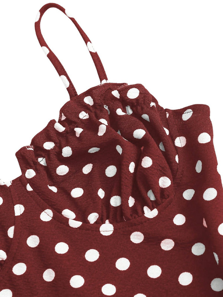 Robe rouge pois fines bretelles et coupe sirène années 1930