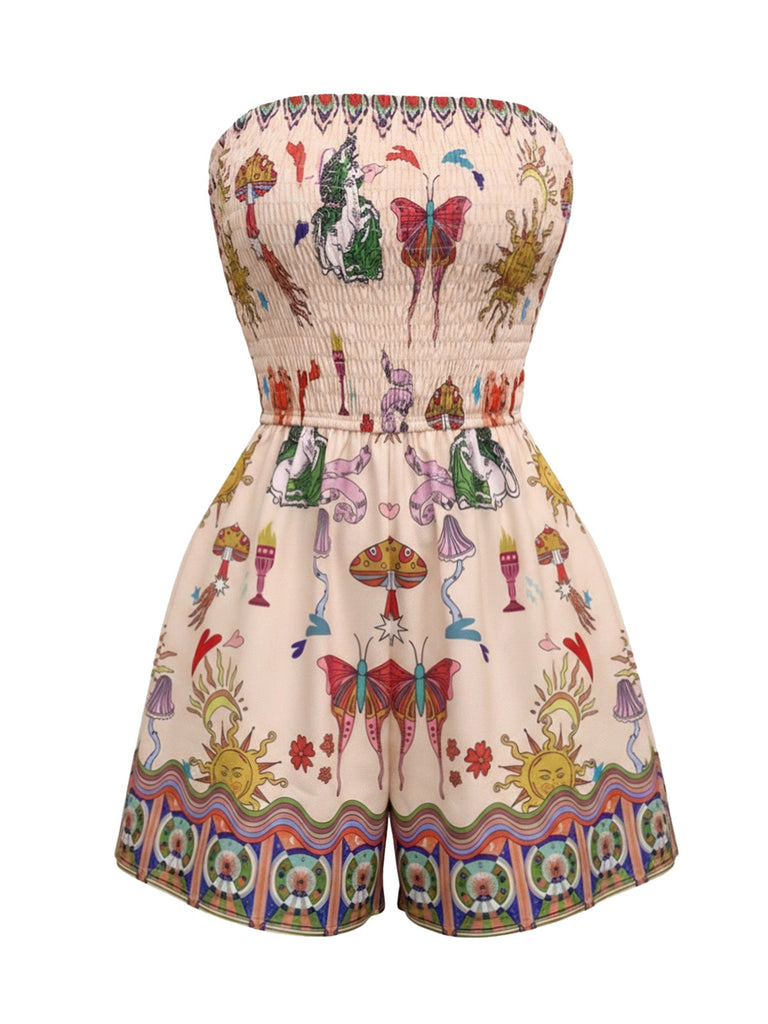 Combishort Papillon Bandeau Smockée Imprimée Années 1970
