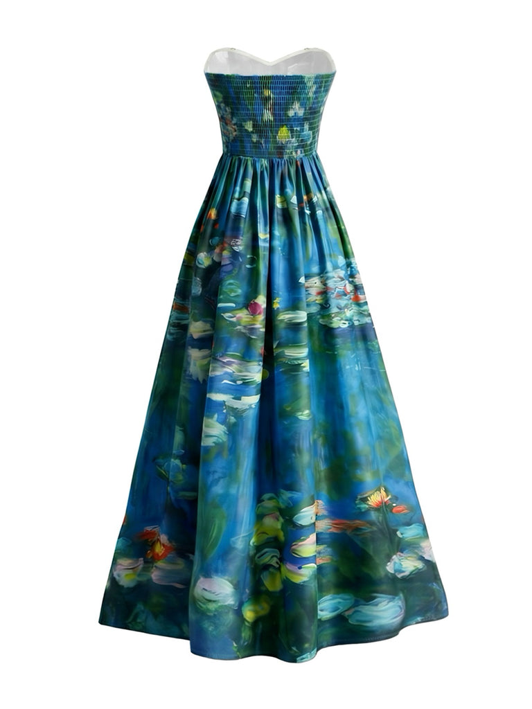 Robe bustier bleue motif nénuphars et décolleté cœur années 50