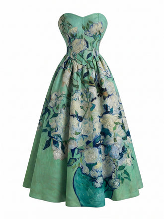 Robe bustier vert pâle motif nénuphars et décolleté cœur années 50