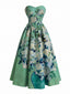 Robe bustier vert pâle motif nénuphars et décolleté cœur années 50