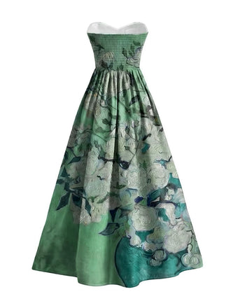 Robe bustier vert pâle motif nénuphars et décolleté cœur années 50