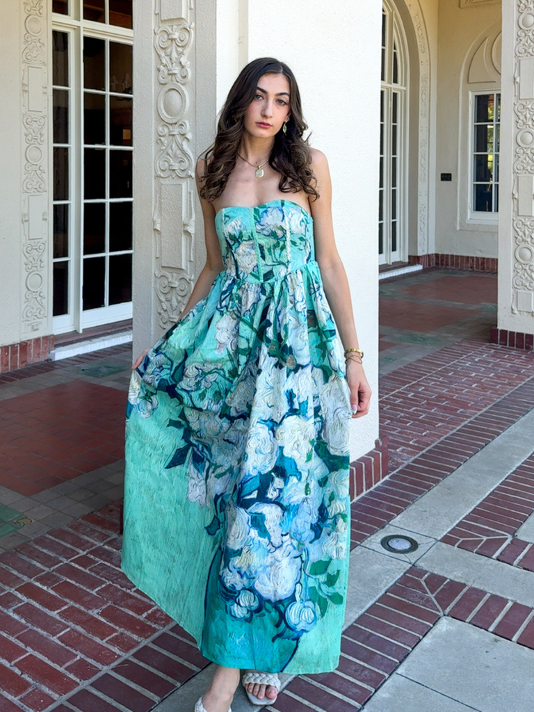 Robe bustier vert pâle motif nénuphars et décolleté cœur années 50