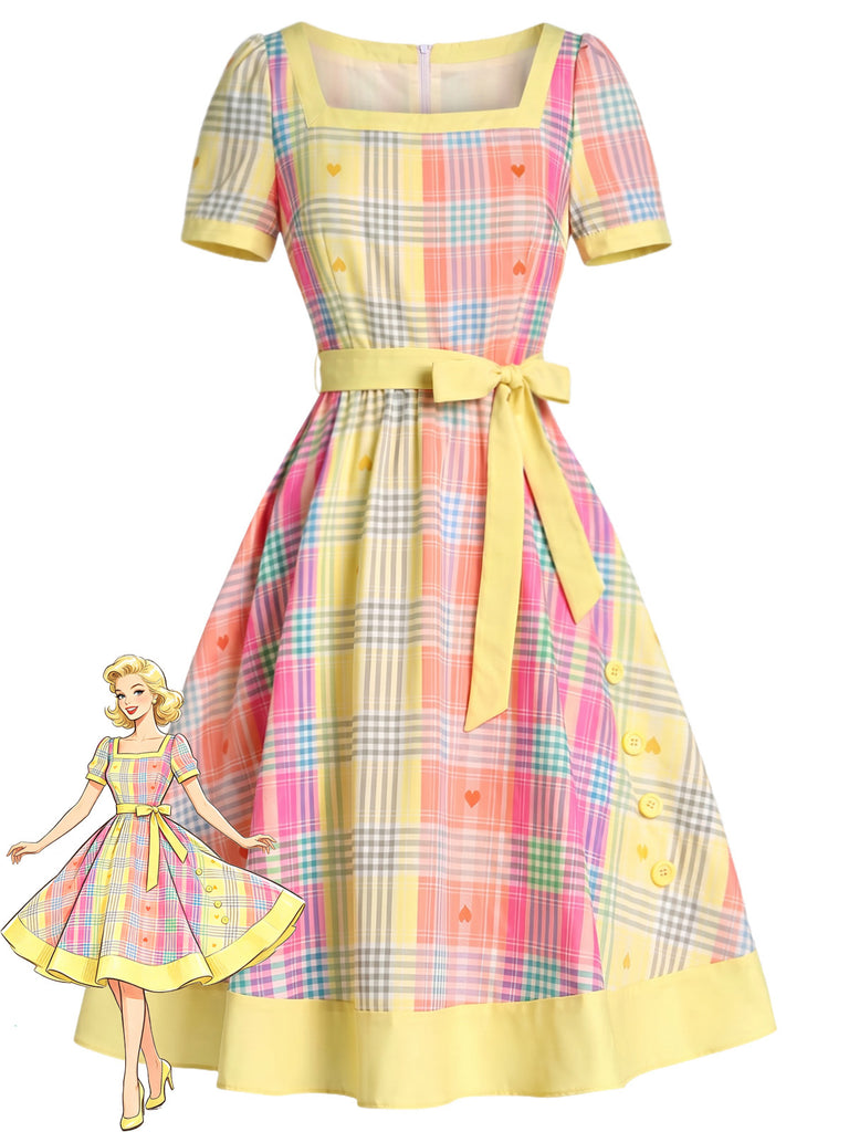 [Prévente] Robe carreaux jaune clair encolure carrée et motif cœur années 50