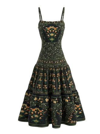 Robe Longue Florale Bretelles Fines à Volants Étagés Vert Foncé Années 1970 2