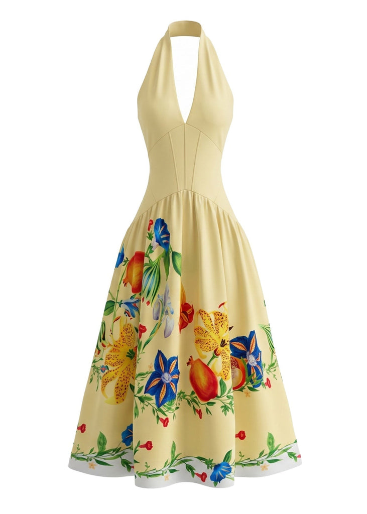 Robe Florale Halter Dos Nu Jaune Années 1950 2