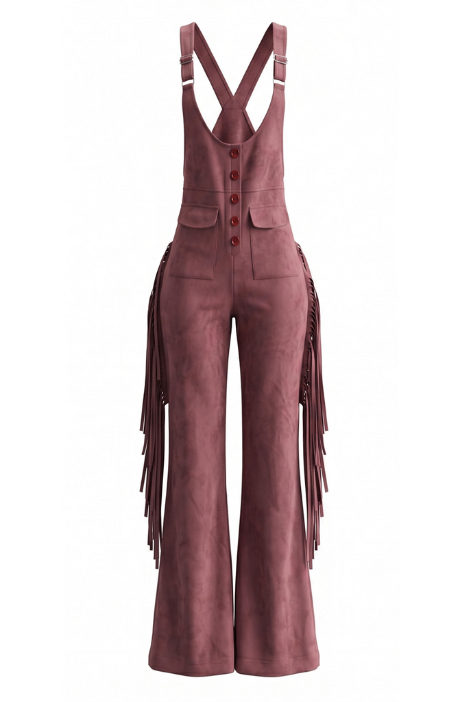 Combinaison Daim à Bretelles Franges Évasée Western Années 1970 3
