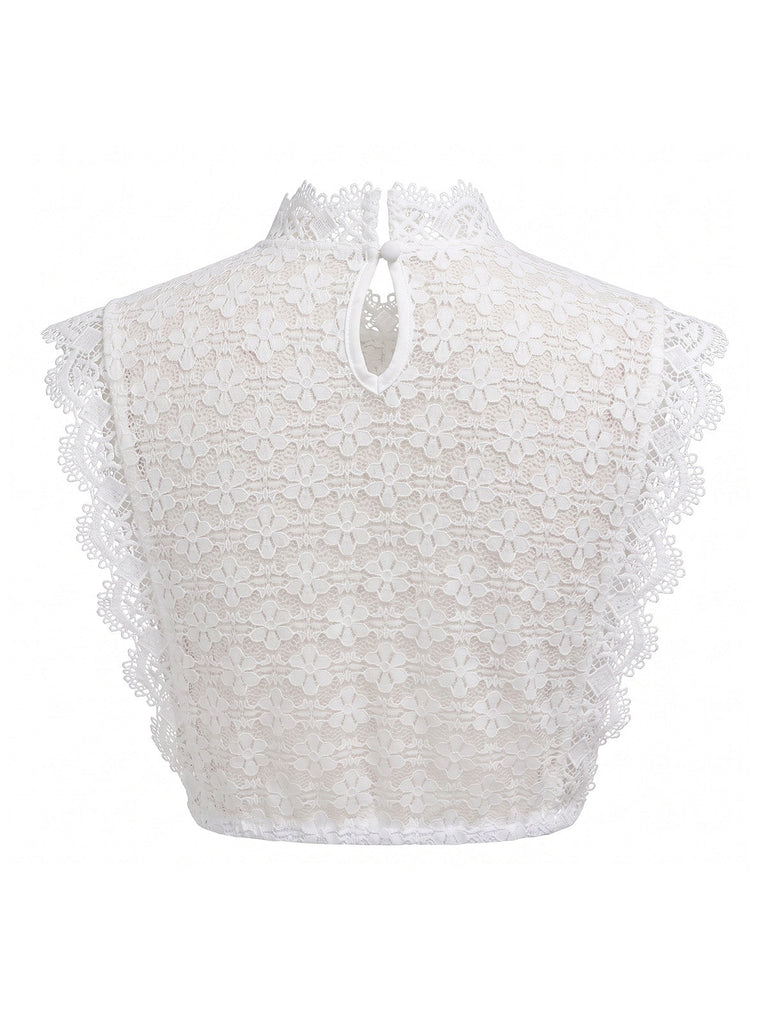 Haut Sans Manches Floral Dentelle Col Montant Blanc Années 1950 2