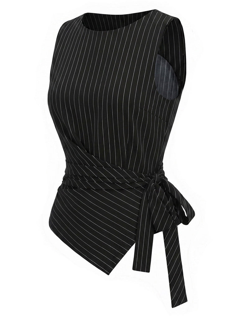 [Prévente] Top Asymétrique Tricoté à Fines Rayures et Pantalon à Jambes Larges Noir Années 1930