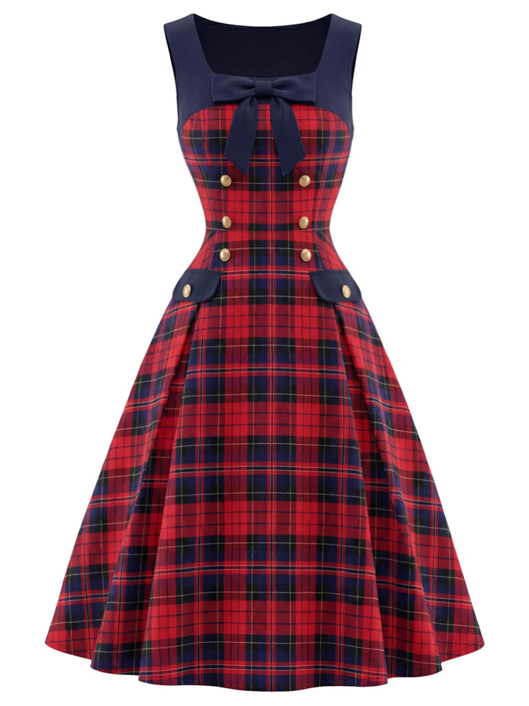 [Prévente] Robe à carreaux tartan, col carré, nœud et double boutonnage Années 1950 - 2