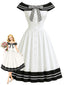 Robe rayée noire et blanche épaules dénudées et nœud papillon années 1950