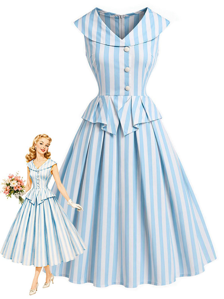 Robe Sans Manches Revers Rayée Bleu Clair Années 1950