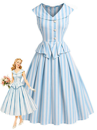 Robe Sans Manches Revers Rayée Bleu Clair Années 1950