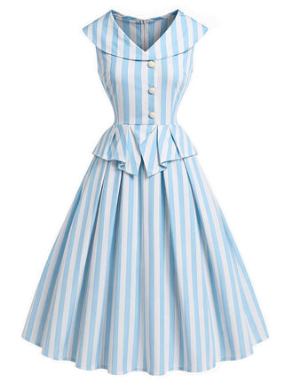 Robe Sans Manches Revers Rayée Bleu Clair Années 1950