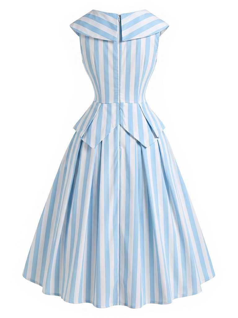 Robe Sans Manches Revers Rayée Bleu Clair Années 1950