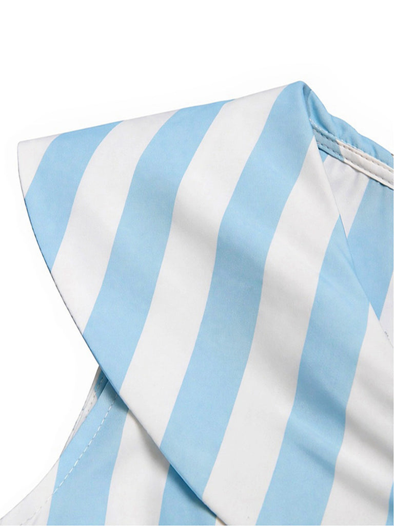 Robe Sans Manches Revers Rayée Bleu Clair Années 1950