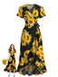 Robe noire coupe cache-cœur motif tournesols années 40