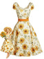 Robe orange motif tournesols et encolure cœur années 50