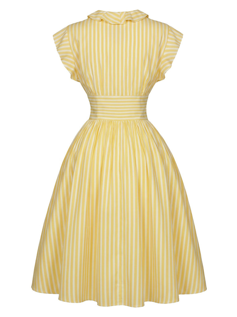 Robe Jaune Clair Rayé Volant Ceinture Années 1950