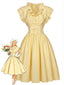 Robe Jaune Clair Rayé Volant Ceinture Années 1950