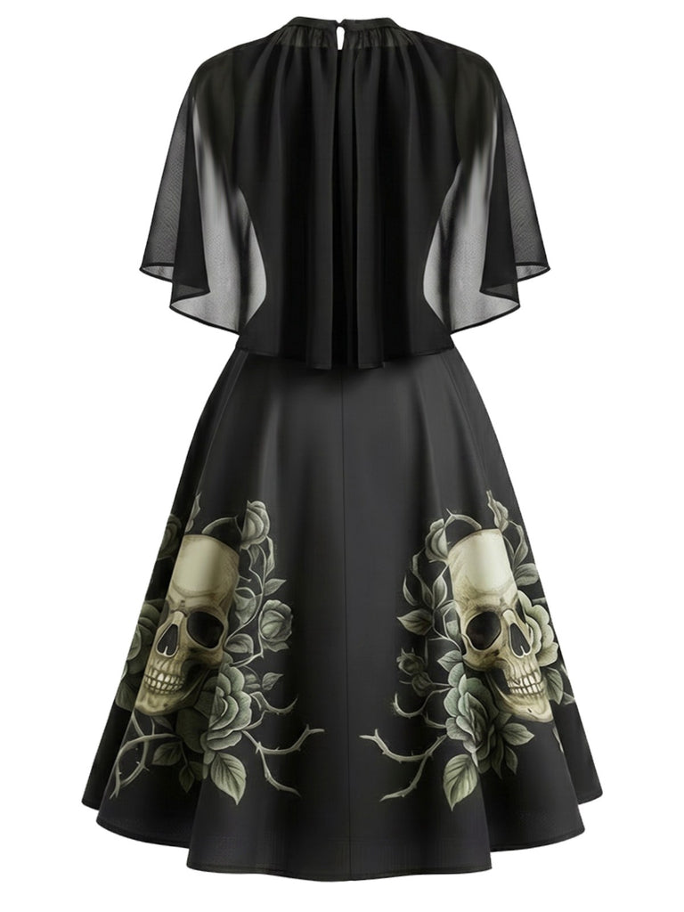Robe Noir Tête de Mort Rose Gothique Avec Cape Années 1950