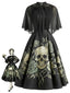 Robe Noir Tête de Mort Rose Gothique Avec Cape Années 1950
