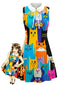 Robe trapèze multicolore motif chats et Claudine années 60