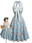 [Prévente] Robe bleu clair motifs floraux dos nu dentelle et un nœud années 50