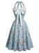 [Prévente] Robe bleu clair à fleurs, col Halter, dentelle et nœud Années 1950 - 2