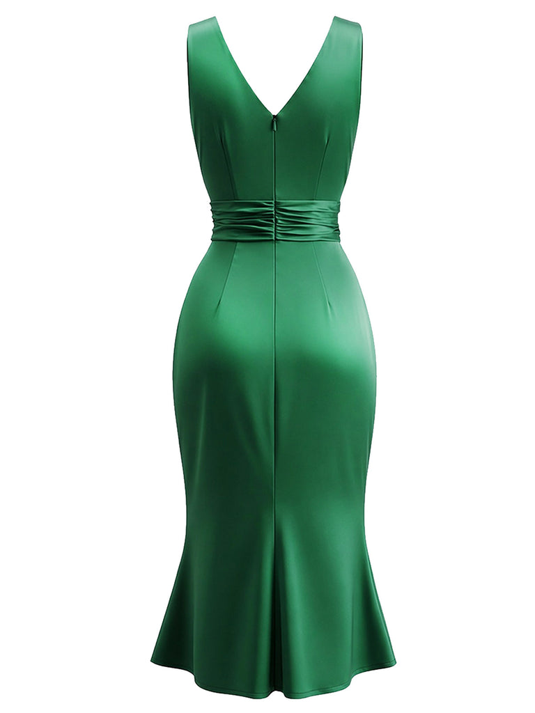 [Prévente] Robe sirène verte en satin froncé à col V Années 1950 - 3