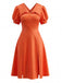 Robe Orange Éclaboussures Manches Bouffantes Années 1950
