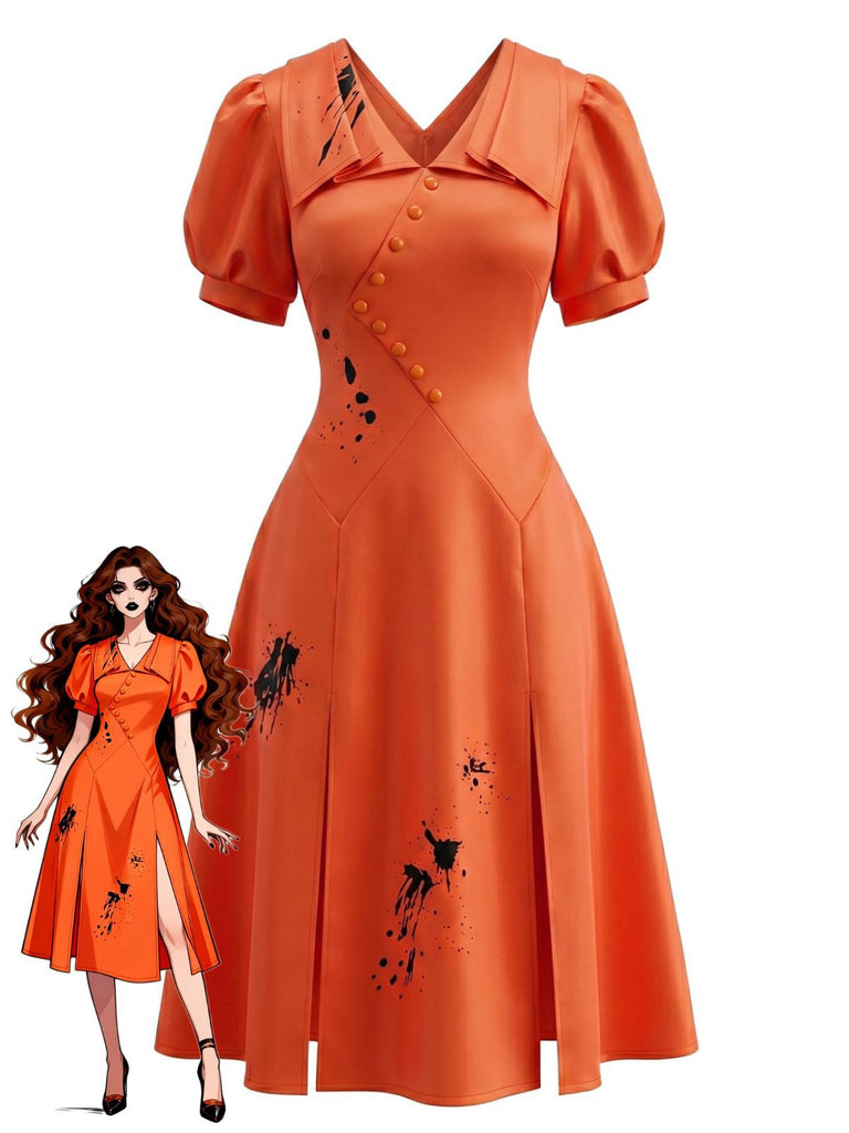 Robe Orange Éclaboussures Manches Bouffantes Années 1950
