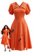 Robe Orange Éclaboussures Manches Bouffantes Années 1950