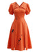 Robe Orange Éclaboussures Manches Bouffantes Années 1950