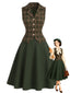 2PCS Ensemble gilet et jupe trapèze carreaux verts années 1940