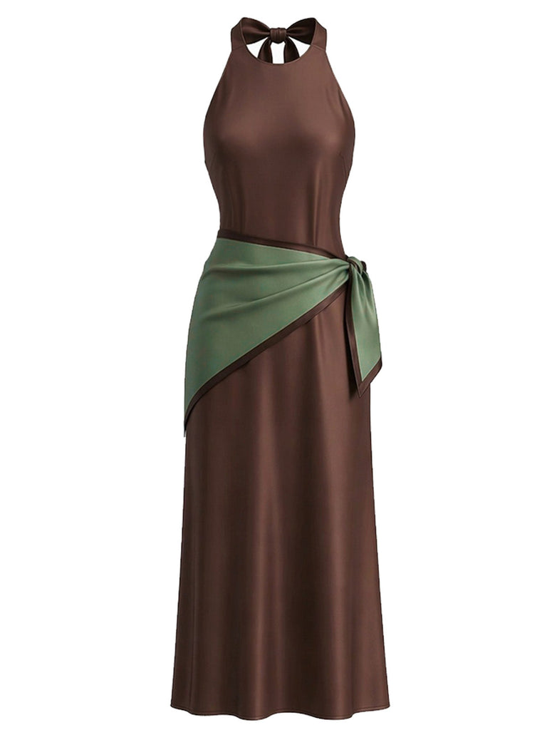 [Prévente] Robe ajustée marron en satin à col Halter et foulard Années 1930 - 2