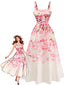 Robe Rose Floral Bretelles Midi Années 1940