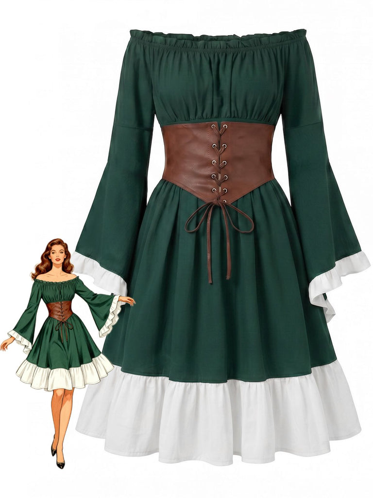 Robe Épaules Dénudées Manches Cloche avec Lacé Corset Belt Années 1970