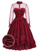 [Prévente] Robe rouge en velours à volants et manches transparentes à pois Années 1950 - 1